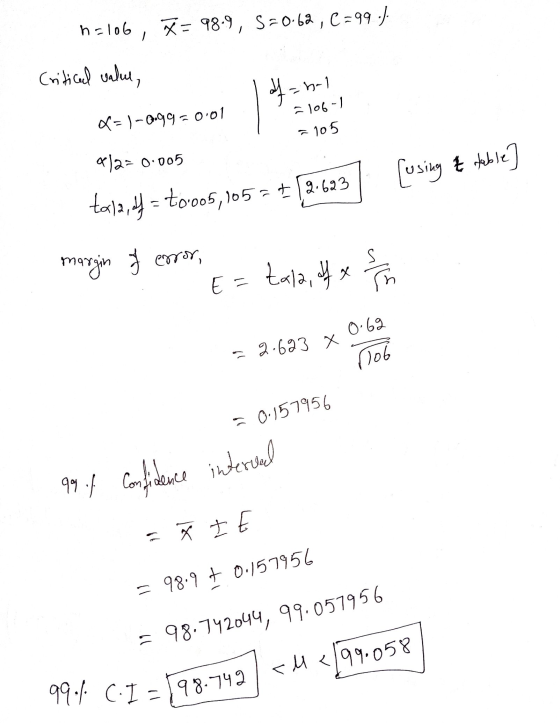 99.4. C.I - 98.742 h = 106, X = 98.9, 5=0.62, C =99.). Critical value, hal 106-1 = 105 =1-6.99 = 0.01 8/2=0.005 [using t tabl