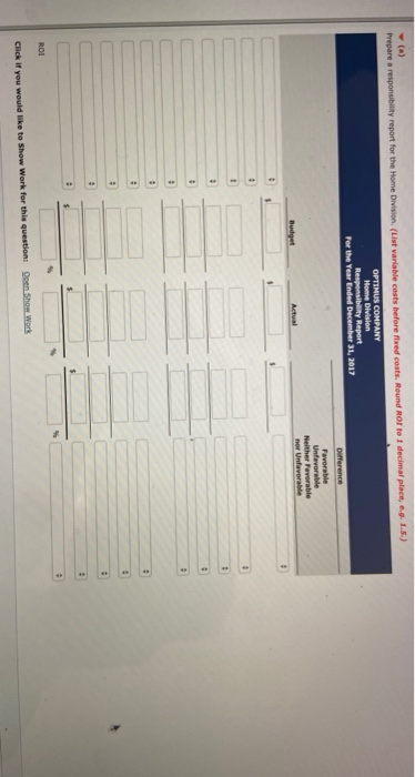 Prepare a responsibility report for the Home Division (List variable costs before red costs. Round ROTI decimal place, OPTIMU
