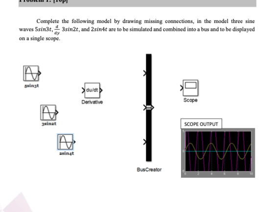Complete the following model by drawing missing connections, in the model three sine waves 5sin3t, 3sin2t, and 2sin4t are to