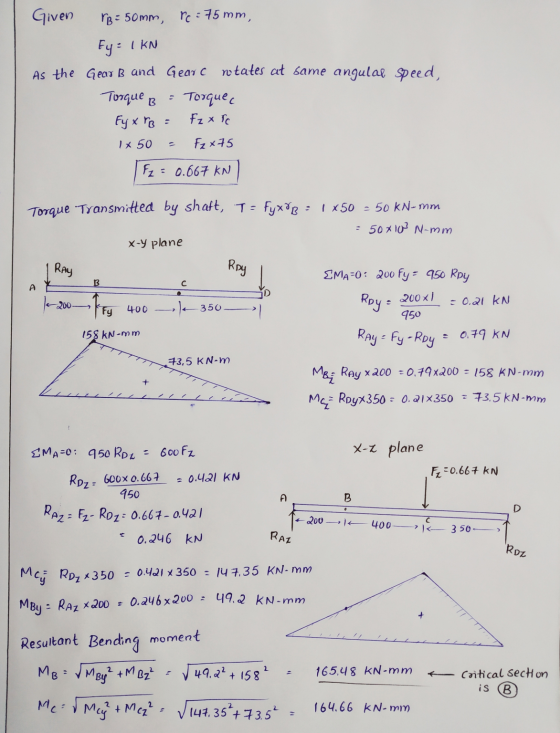 Given rB = 50mm, rc = 75mm, Ey = I KN As the Gear B and Gear c wtates at same angular speed, Torque Torquec Ey x ro Fzx rc Fz