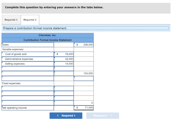 Complete this question by entering your answers in the tabs below. Required 1 Required 2 Prepare a contribution format income