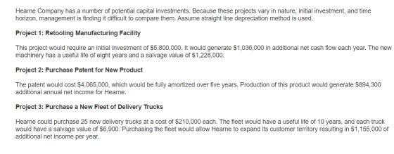 Hearne Company has a number of potential capital investments. Because these projects vary in nature, initial investment, and