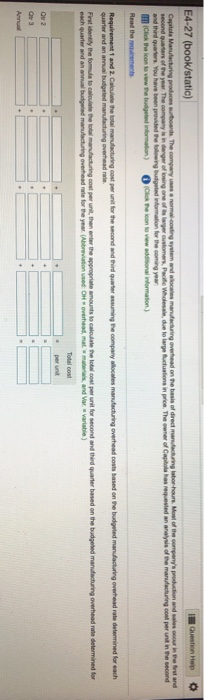 E4-27 (book/static) Question Help Capital Manufacturing processutoards. The companys norma. co m and is mandring overhead on