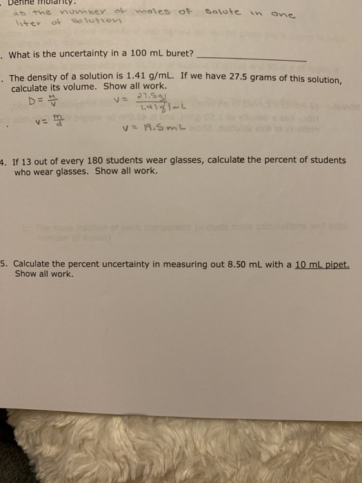 Derine mudily as the number of moles liter of solution. of solute in one . What is the uncertainty in a 100 ml buret? The den