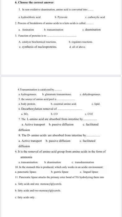 6. Choose the correct answer: 1. In non-oxidative deamination, amino acid is converted into........ a hydrochloric acid b. Py
