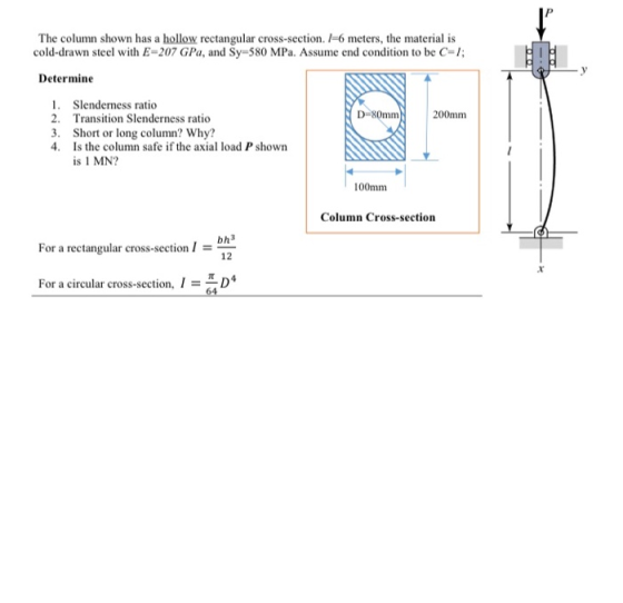 The column shown has a hollow rectangular cross-section. I-6 meters, the material is cold-drawn steel with E-207 GPa, and Sy=
