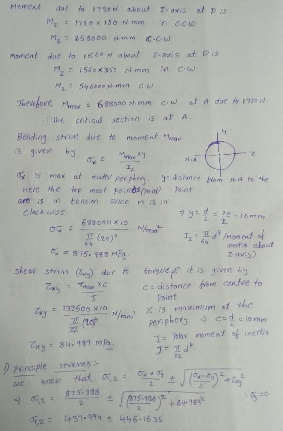 Moment due to about at D is 1720 N Z-oxis MZ 17 20 x 150 N.mm in c.cu M, 2580 00 Nimm Z-adis at Dis Moment due to 15 60 N abo