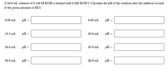 A 50.0 mL solution of 0.146 M KOH is titrated with 0.292 M HCl. Calculate the pH of the solution after the addition of each o