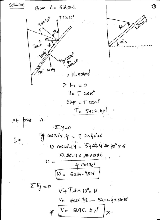 Given H= 5340N 0-0 30.0 Tcsej H 5340 T5422.4 At ontA cos30 kg= 60.36 . 98N
