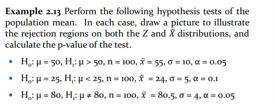 Example 2.13 Perform the following hypothesis tests of the population mean. In each case, draw a picture to illustrate the re