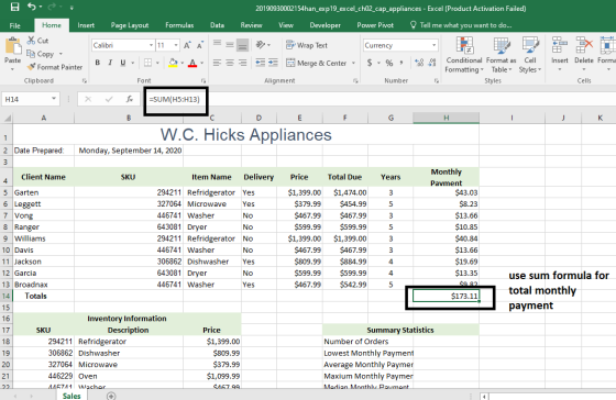 5 20190930002154han_exp 19_excel_ch02_cap_appliances - Excel (Product Activation Failed) Review View Developer Power Pivot Te