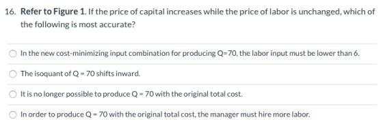 16. Refer to Figure 1. If the price of capital increases while the price of labor is unchanged, which of the following is mos