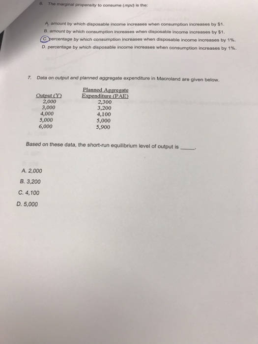 6. The marginal propensity to consume (mpc) is the: A, amount by which disposable income increases when consumption increases by $1 B. amount by which consumption increases when disposable income increases by $1 percentage by which consumption increases when disposable income increases by 1% D, percentage by which disposable income increases when consumption increases by 1% 7. Data on output and planned aggregate expenditure in Macroland are given below. 2,000 3,000 4,000 5,000 6,000 2,300 3,200 4,100 5,000 5,900 Based on these data, the short-run equilibrium level of output is A. 2,000 B. 3,200 C. 4,100 D. 5,000