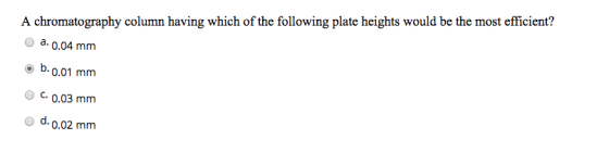 A chromatography column having which of the following plate heights would be the most efficient? a. 0.04 mm . b. 0.01 mm OC.