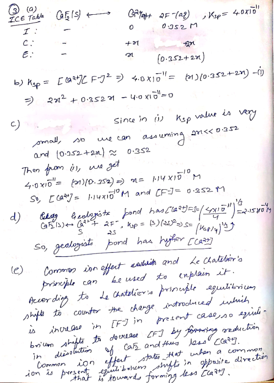 (a) ZCE Takla (AE IS > C 0:352 M C. E. (0-252+2) b) Ksp= [a F .DX1= - uz+s-0( Qn 0.352 1 Kso value is very Sine in j) 2Nくく035