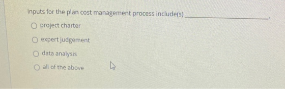 Inputs for the plan cost management process include(s). O project charter O expert judgement O data analysis all of the above