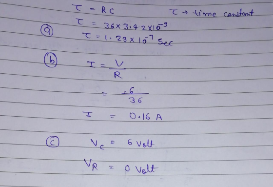 Ta time constant T = RC ł = 36X3.4 2x10 T = 1.23X lo set = 0.16 A o veo 6 volt o volt
