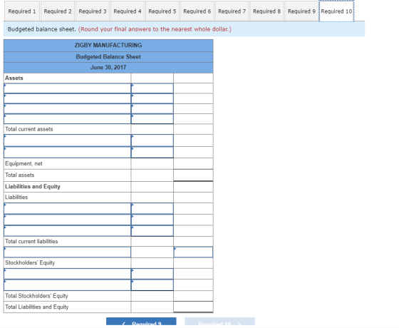 Required 1 Required 2 Required 3 Required 4 Required 5 Required 6 Required 7 Required 8 Required9 Required 10 Budgeted balance sheet. (Round your final answers to the nearest whole dollar.) ZIGBY MANUFACTURING Budgeted Balance Sheet June 30, 2017 Assets Total current assets Equipment, net Total assets Liabilities and Equity Liabilities Total current liabilities Stockholders Equity Total Stockholders Equity Total Liabilities and Equity