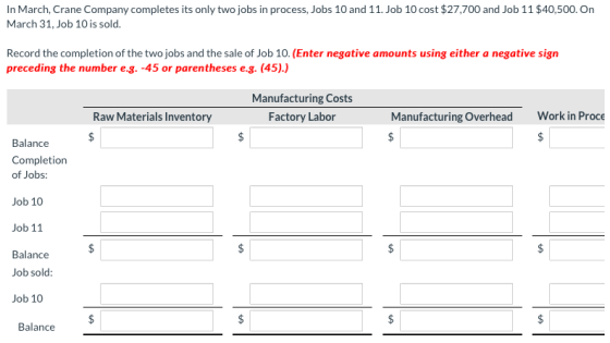 In March, Crane Company completes its only two jobs in process, Jobs 10 and 11. Job 10 cost $27,700 and Job 11 $40,500. On Ma