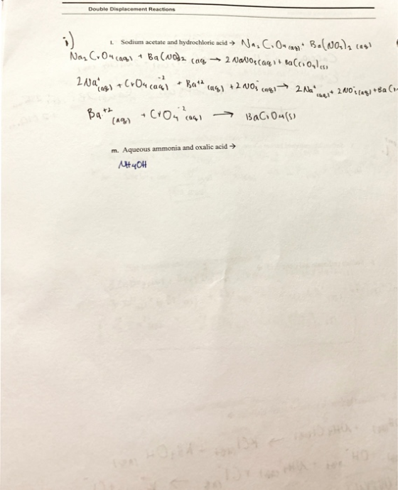 Double Displacement Reactions Sodium acetate and hydrochloric acid → Na. C. Oman Bal No MeC04 (49) + Ba(40). Ca - 2 dao (aq,