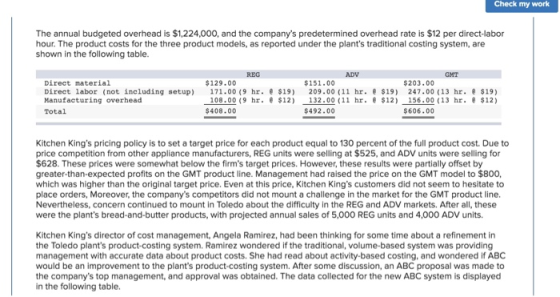 Check my work The annual budgeted overhead is $1,224,000, and the companys predetermined overhead rate is $12 per direct-lab