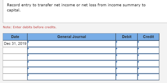 Record entry to transfer net income or net loss from income summary to capital. Note: Enter debits before credits. Date Gener