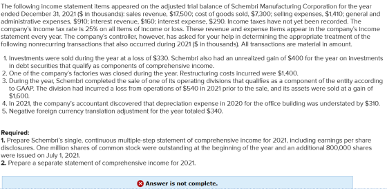 The following income statement items appeared on the adjusted trial balance of Schembri Manufacturing Corporation for the yea