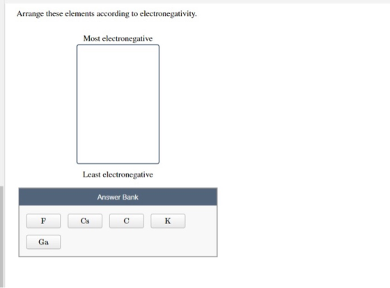 Arrange these elements according to electronegativity. Most electronegative Least electronegative Answer Bank CsCK Ga