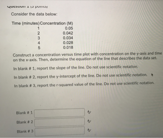 QuestiII Il poll ILS) Consider the data below: Time (minutes) Concentration (M) 1 0.05 2 0.042 3 0.034 4 0.028 5 0.018 Constr
