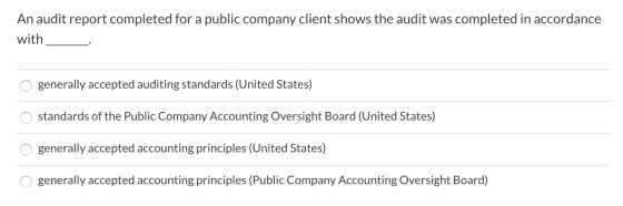 An audit report completed for a public company client shows the audit was completed in accordance with O generally accepted a