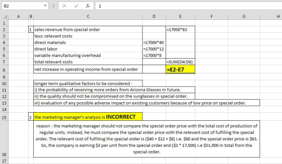 B2 A B =17000*63 sales revenue from special order less: relevant costs direct materials direct labor variable manufacturing o