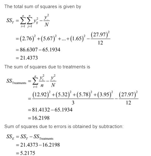 The total sum of squares is given by (27.97) = (2.76). (5.67) + (1.65)2-G12 86.6307-65.1934 21.4373 The sum of squares due to