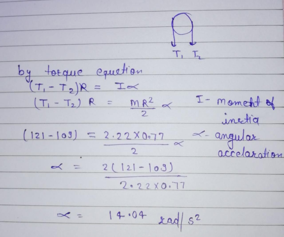 T B by torque cquetion (T-TIR = Ia (Ti - T2) R = MR² & (121 - 109) = 2:22X0.77 I- moment of inetia <- angular accelaration 2