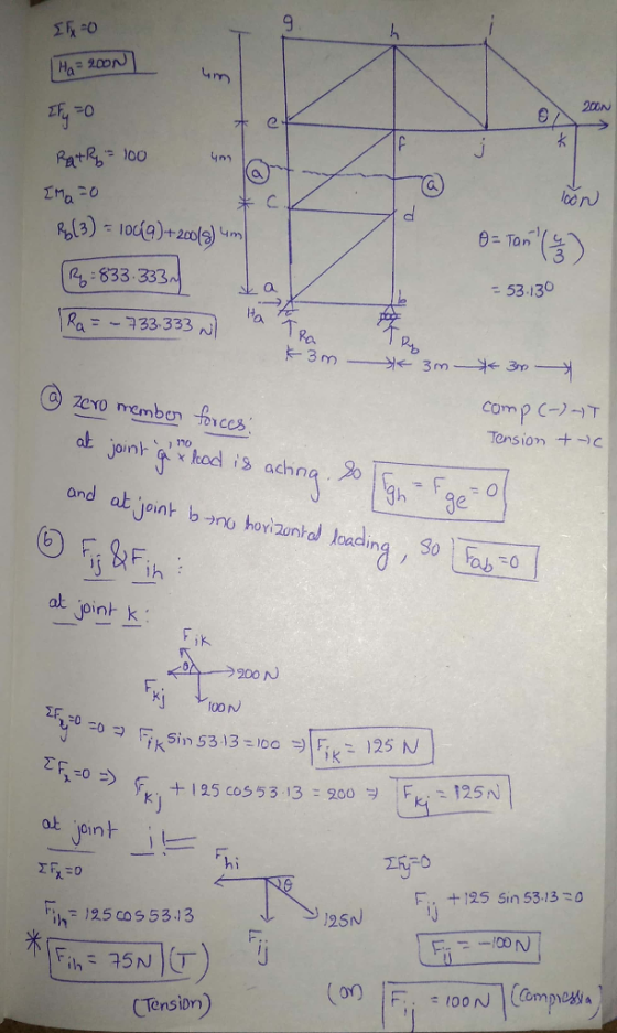 um e. a. no O :833 333 a a33333 53.130 com p C-T Tension+c and a上..loink b-no horizontaj loadin at joint k 125 cos53 13 200 25 N F. +125 Sin 53.130 h 125 cos 53.13 25N CTensiDn