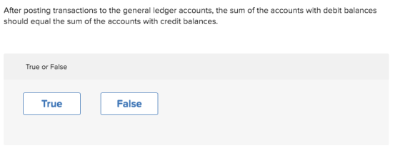 After posting transactions to the general ledger accounts, the sum of the accounts with debit balances should equal the sum o