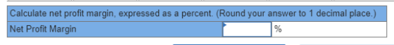 Calculate net profit margin, expressed as a percent. (Round your answer to 1 decimal place.) Net Profit Margin