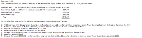 Exercise 15-18 Flint Company reported the following amounts in the stockholders equity section of its December 31, 2019, bal