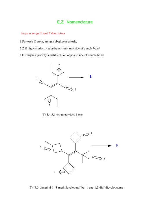EZ Nomenclature Steps to assign E and Z descriptors 1.For each C atom, assign substituent priority 2.Z if highest priority su