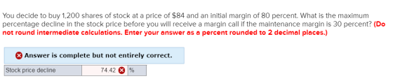 You decide to buy 1,200 shares of stock at a price of $84 and an initial margin of 80 percent. What is the maximum percentage