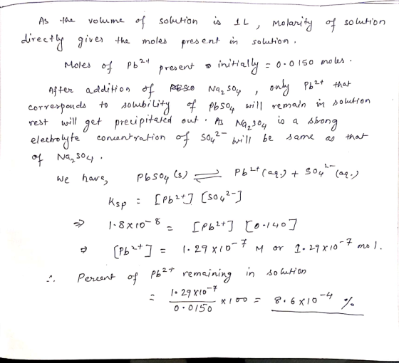 Vome of sohtron As tae is iLMolaryty oso utron drecty give the moles ent m pres soluton Moles o Pb2 initialy 0 0I5o moes pres