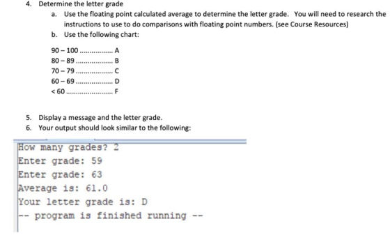 4. Determine the letter grade a. Use the floating point calculated average to determine the letter grade. You will need to re