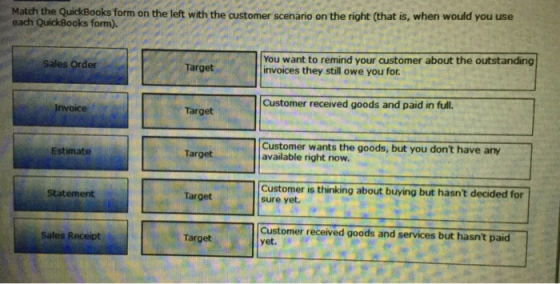 Match the QuickBooks form on the left with the customer scenario on the right that is, when would you use each QuickBooks for