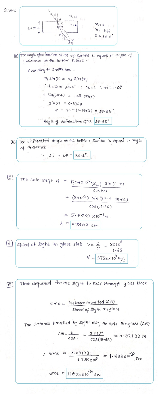Given nie 1 t=2cm n2 = 1.68 O = 34.49 The angle ofere fracliom at me top Surface is equal to angle of Amedense at the bottom