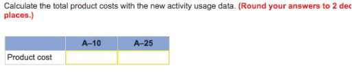 Calculate the total product costs with the new activity usage data. (Round your answers to 2 dec places.) A-10 A-25 Product c