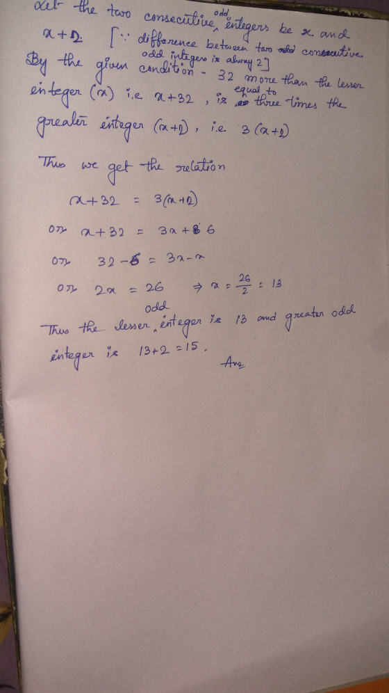odd, Let the two consecutive entegers be a. and a+2. [ difference between tan solo consecutive odd integers is alway 2] condi