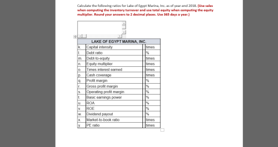 Calculate the following ratios for Lake of Egypt Marina, Inc. as of year-end 2018. (Use sales when computing the inventory tu