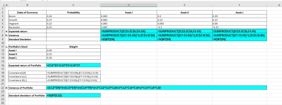 7 А B C D E F 1 2 State of Economy Probability Asset Asset K Asset L 3 Boom 0.26 0.065 0.2 0.29 4 Growth 0.37 0.065 0.13 0.23