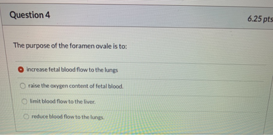 Question 4 6.25 pts The purpose of the foramen ovale is to: increase fetal blood flow to the lungs raise the oxygen content o