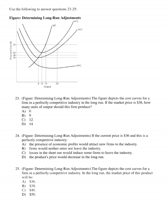 Use the following to answer questions 23-25: Figure: Determining Long-Run Adjustments ATC AVC Price and Cost (S) 11 ! AFC 9 1