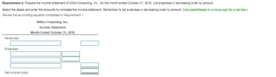 Requirement 2. Prepare the income statement of Willis Computing, Inc., for the month ended October 31, 2018. List expenses in
